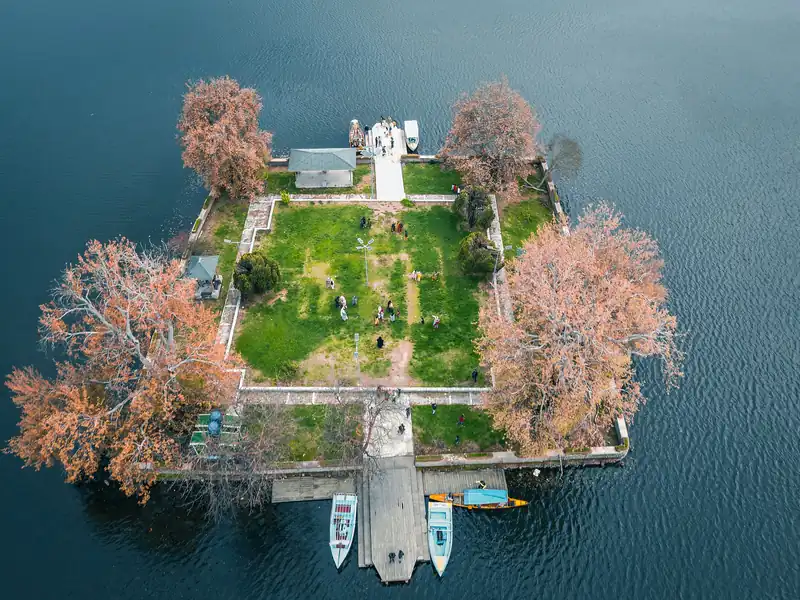 Char Chinar island on Dal Lake in autumn