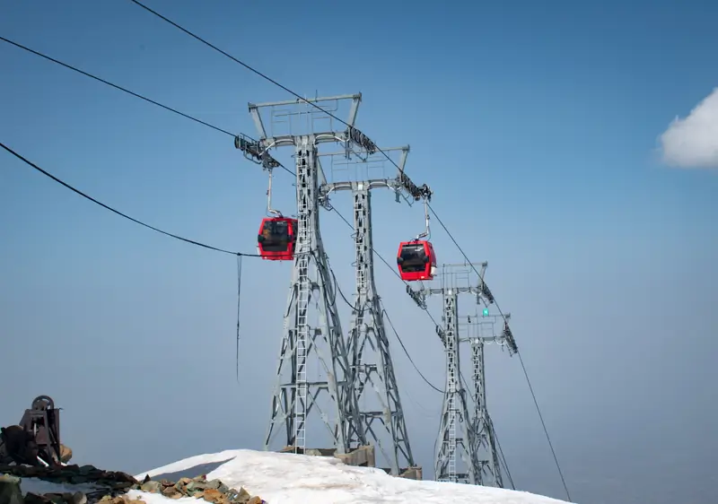 Gulmarg gondola cable car above snow-covered slopes